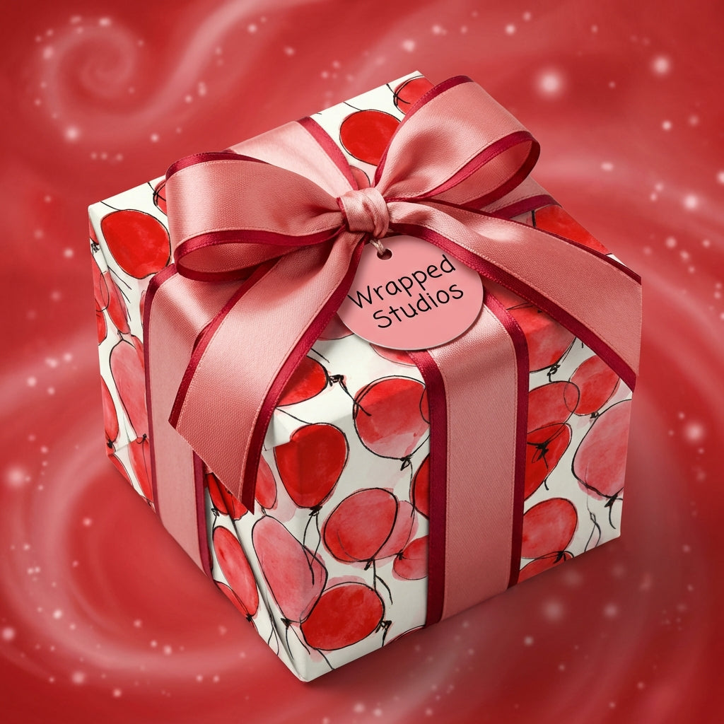 Square gift in Wrapped Studios balloon birthday wrapping paper with pink ribbon.