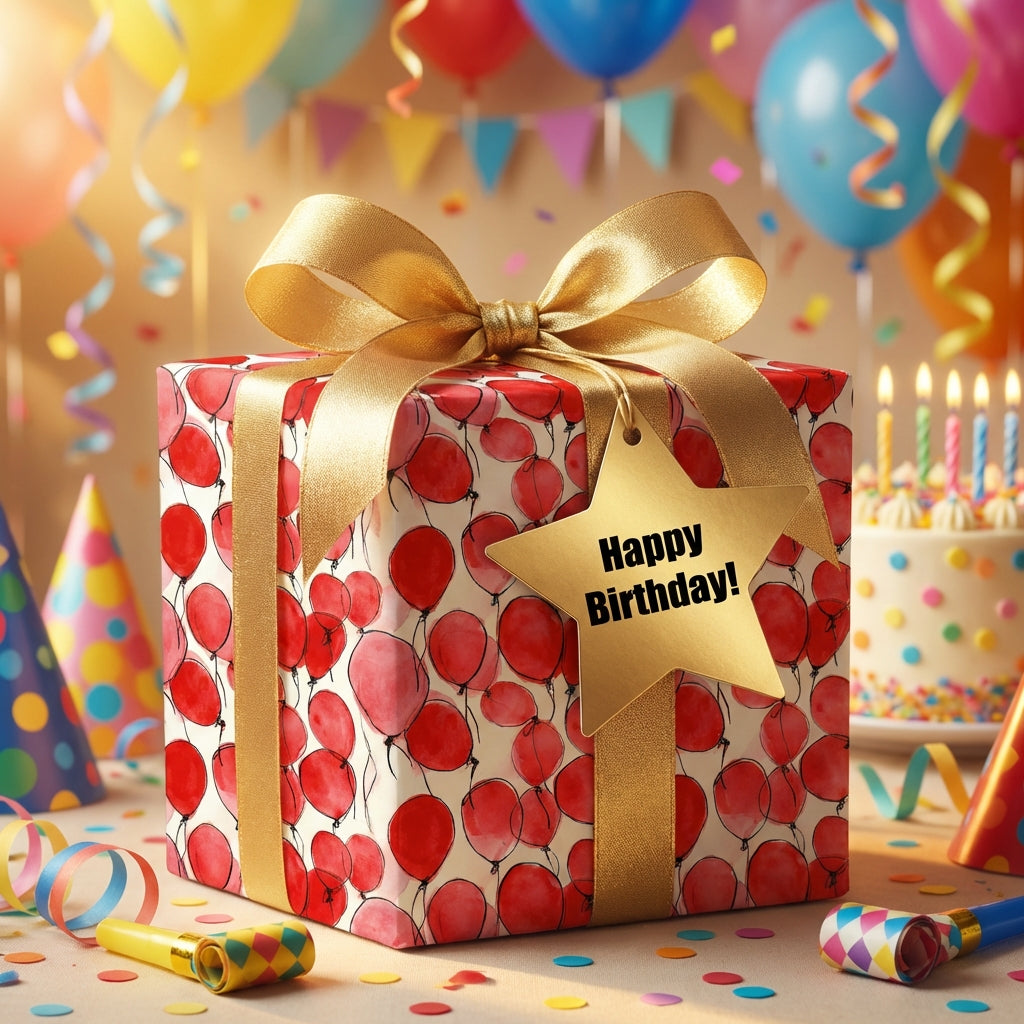 Red balloon birthday wrapping paper with gold ribbon and Happy Birthday star tag.
