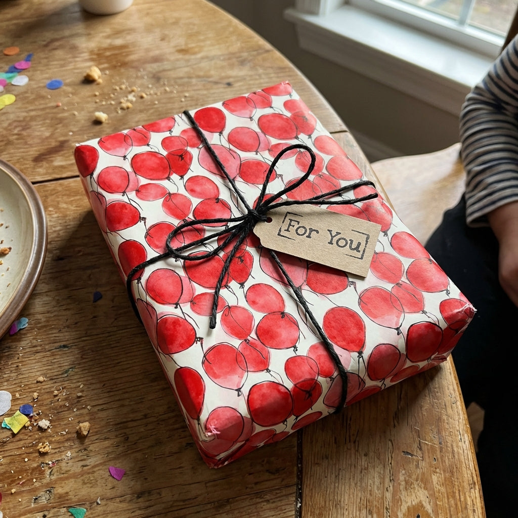 Red balloon pattern birthday wrapping paper with black twine and "For You" tag.