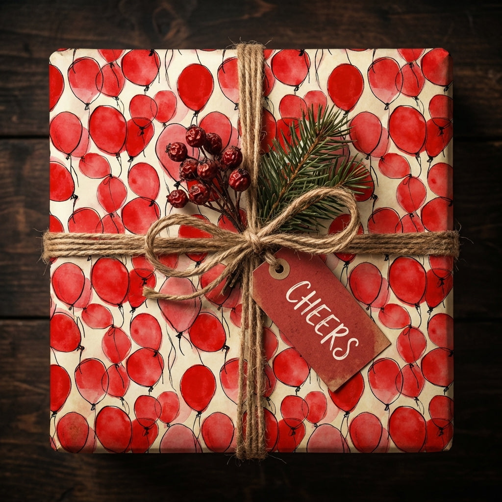 Festive red balloon wrapping paper with rustic twine, greenery and a "cheers" tag.