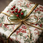 Elegant Christmas gift wrapped in floral wrapping paper with gold ribbon and berries.