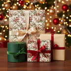 Elegant Christmas presents wrapped in floral wrapping paper with satin ribbons on a wood table.