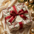 Christmas gift box with floral pattern and red ribbon, surrounded by festive decorations.