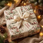 Elegant Christmas gift wrapped in floral berry paper with cream ribbon and "Happy Holidays" tag.