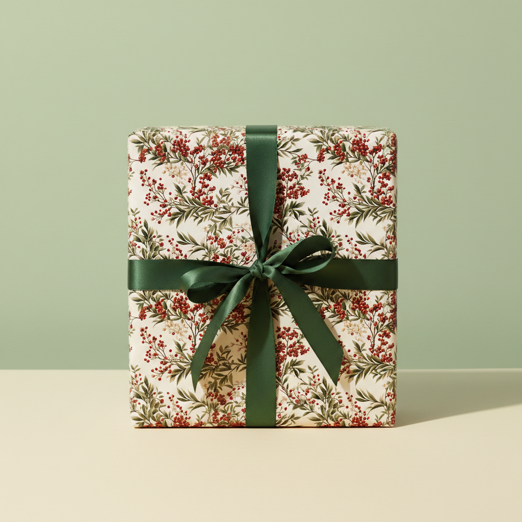 Elegant Christmas gift wrapped in botanical floral wrapping paper with a deep green ribbon.