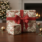 Elegant Christmas gift wrap with red berries and ribbon, plus matching small present.