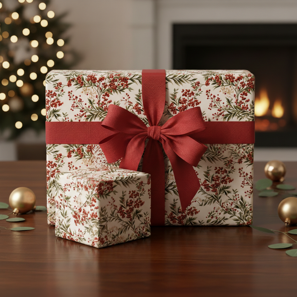 Elegant Christmas gift wrap with red berries and ribbon, plus matching small present.