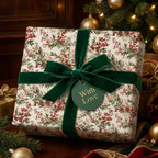 Elegant floral wrapping paper with a green velvet ribbon, perfect for Christmas gifts.