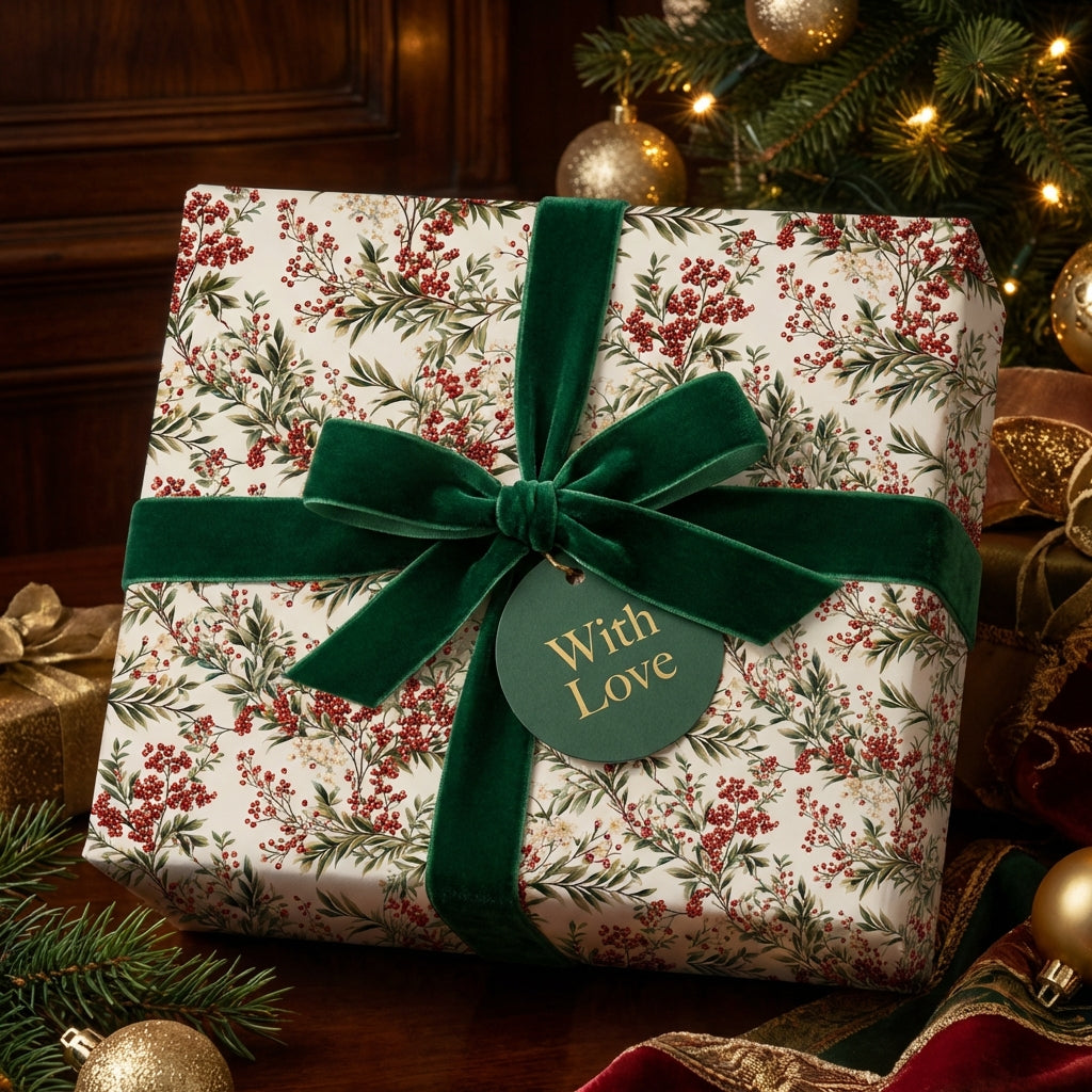 Elegant floral wrapping paper with a green velvet ribbon, perfect for Christmas gifts.