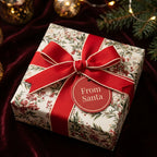 Square gift wrapped in festive floral Christmas wrapping paper with a red ribbon and "From Santa" tag.