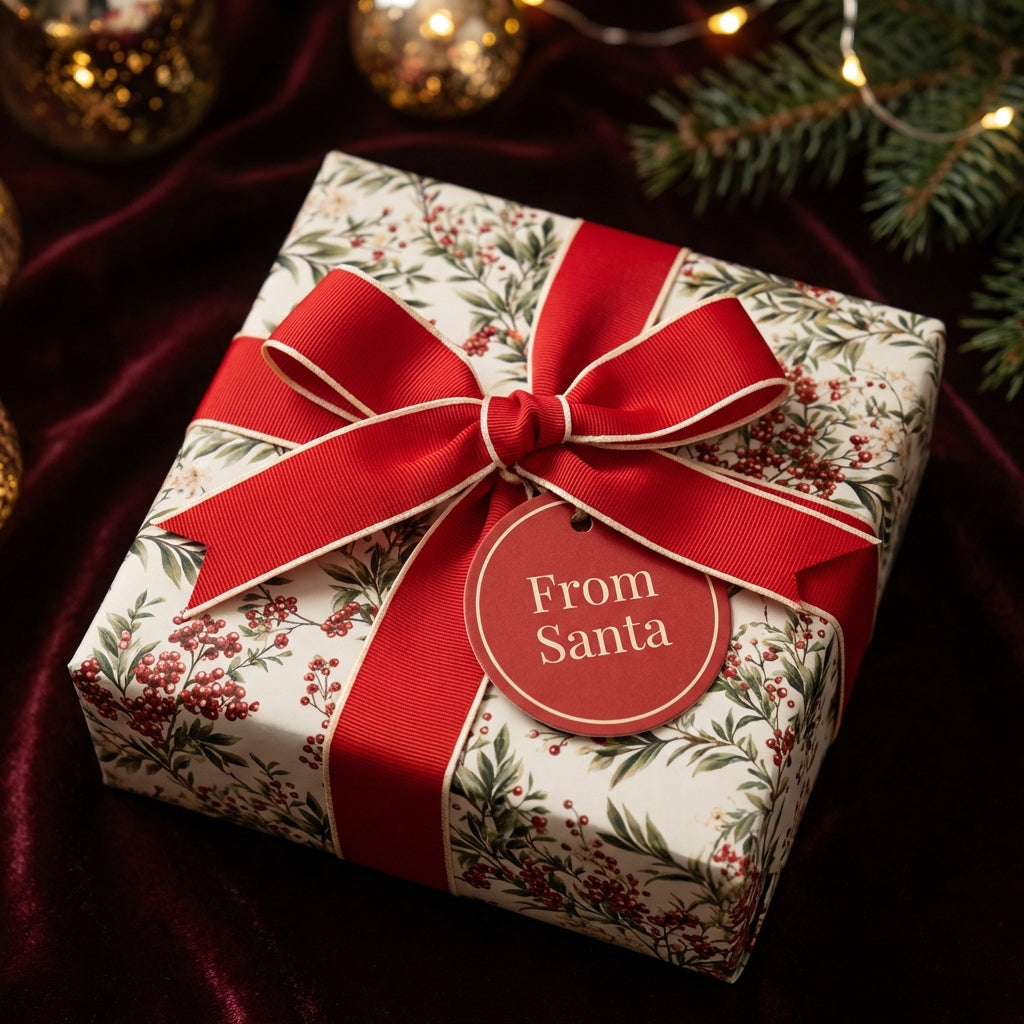 Square gift wrapped in festive floral Christmas wrapping paper with a red ribbon and "From Santa" tag.