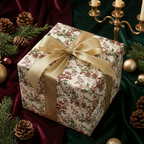 Elegant floral Christmas wrapping paper with gold ribbon on a square gift box, festive holiday scene.