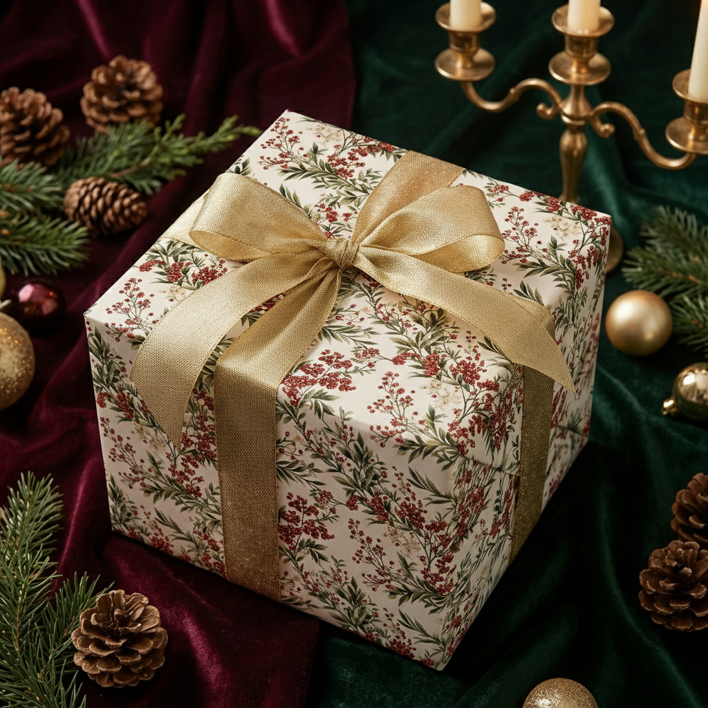 Elegant floral Christmas wrapping paper with gold ribbon on a square gift box, festive holiday scene.