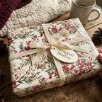 Elegant gift wrapped in floral Christmas wrapping paper, tied with a cream velvet ribbon on a wooden table.