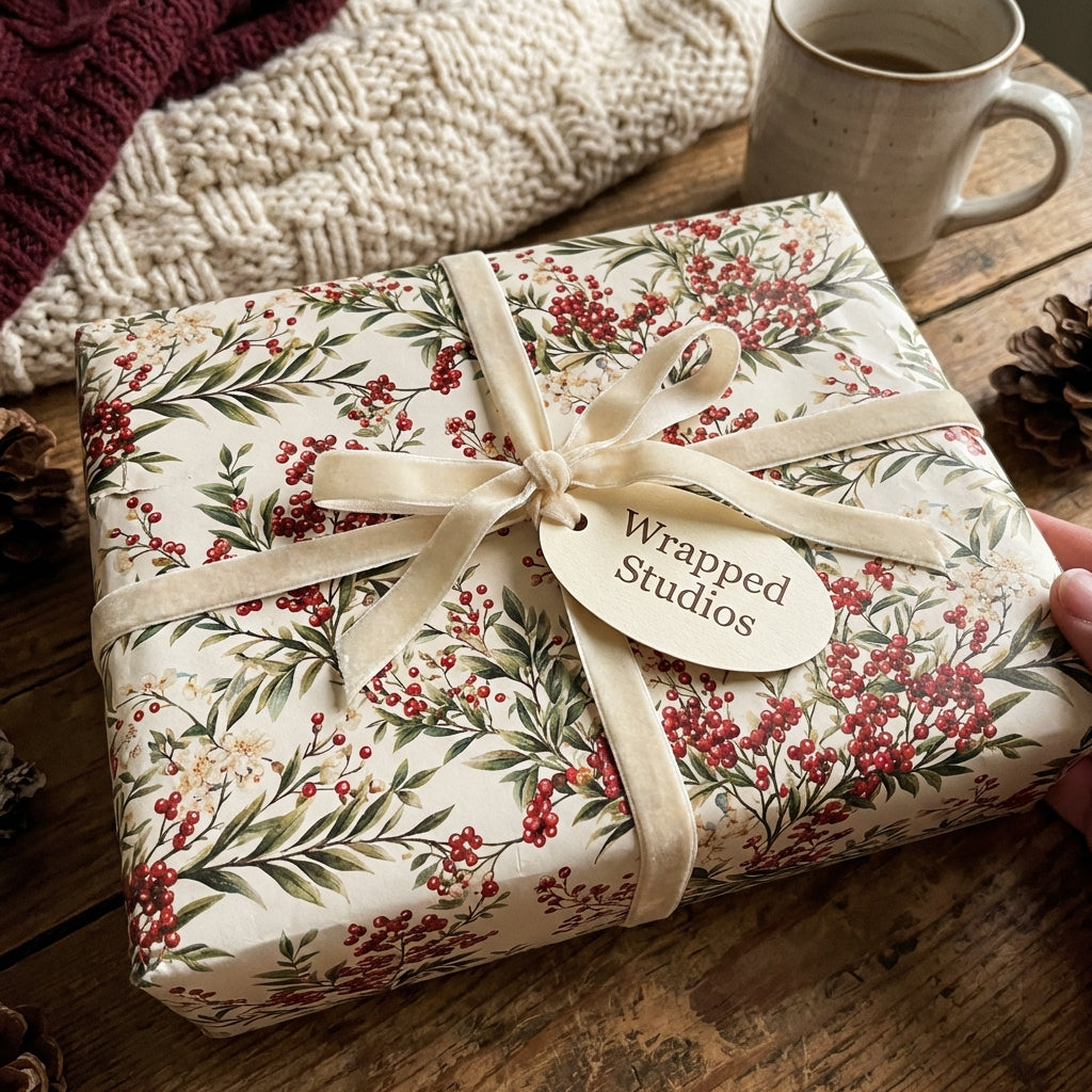 Elegant gift wrapped in floral Christmas wrapping paper, tied with a cream velvet ribbon on a wooden table.