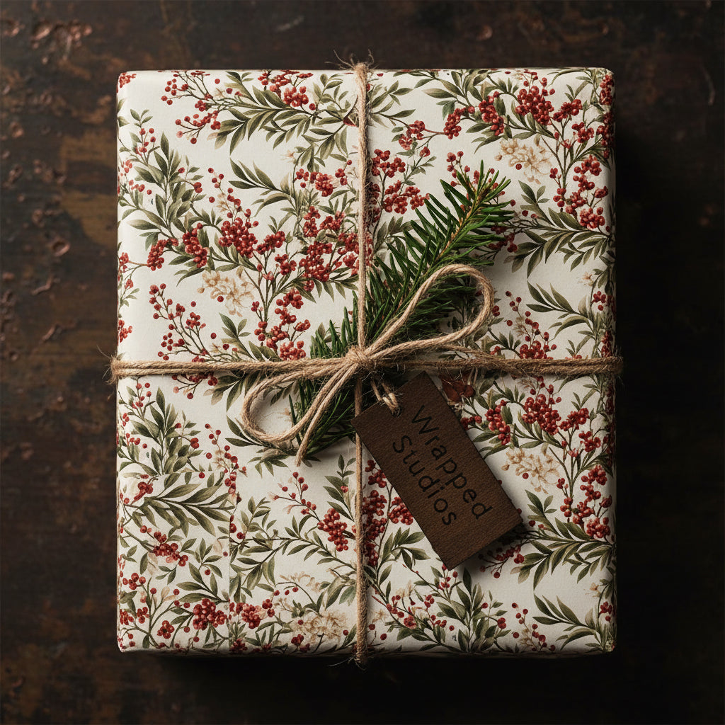 Christmas gift wrapped in elegant floral wrapping paper with red berries and twine bow.