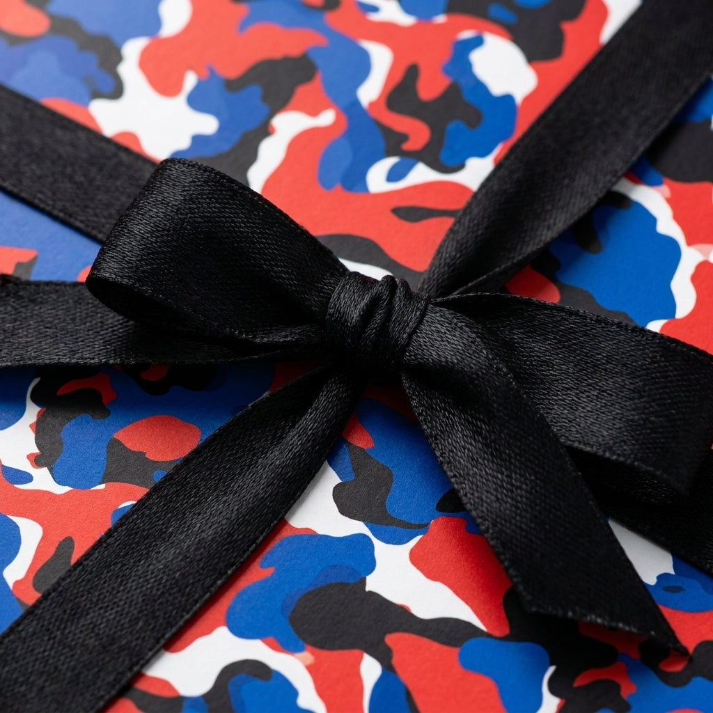 Red and blue camouflage wrapping paper with a black satin bow by Wrapped Studios.