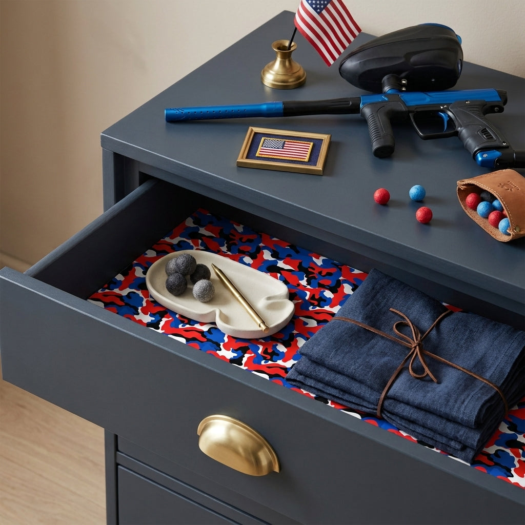 Patriotic red white and blue camo wrapping paper used as a drawer liner in a dresser by Wrapped Studios.