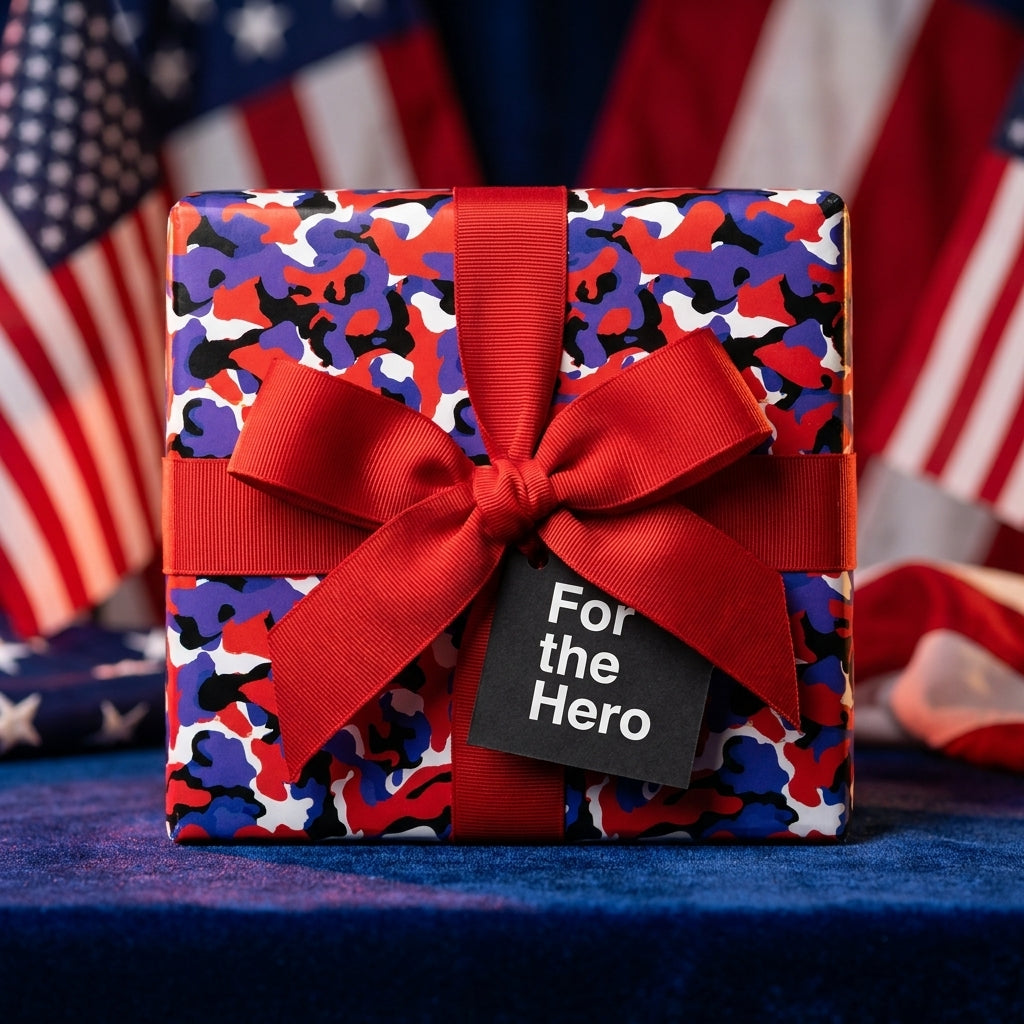 Patriotic camo wrapping paper with a red bow and "For the Hero" gift tag by Wrapped Studios.