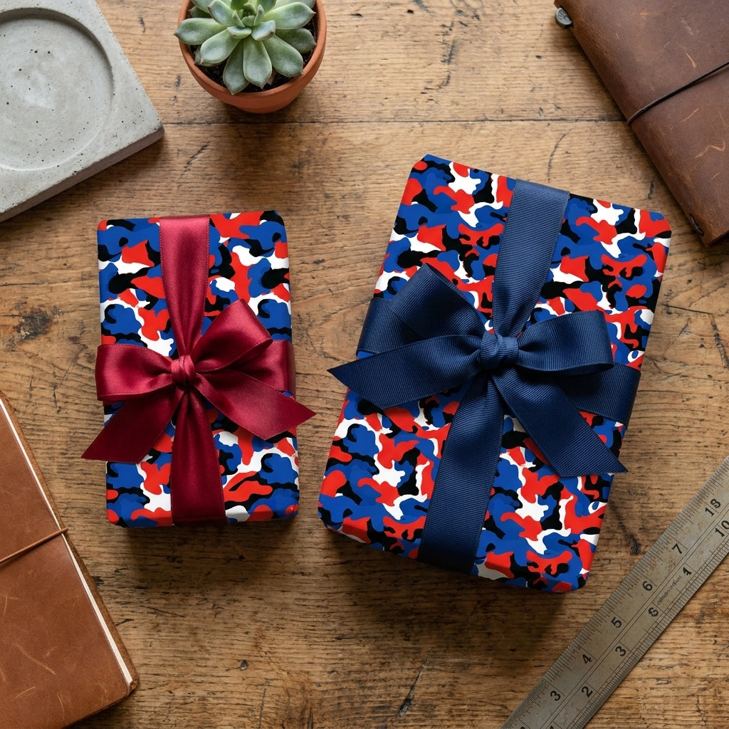 Patriotic red, white, and blue camo wrapping paper on two gifts by Wrapped Studios.