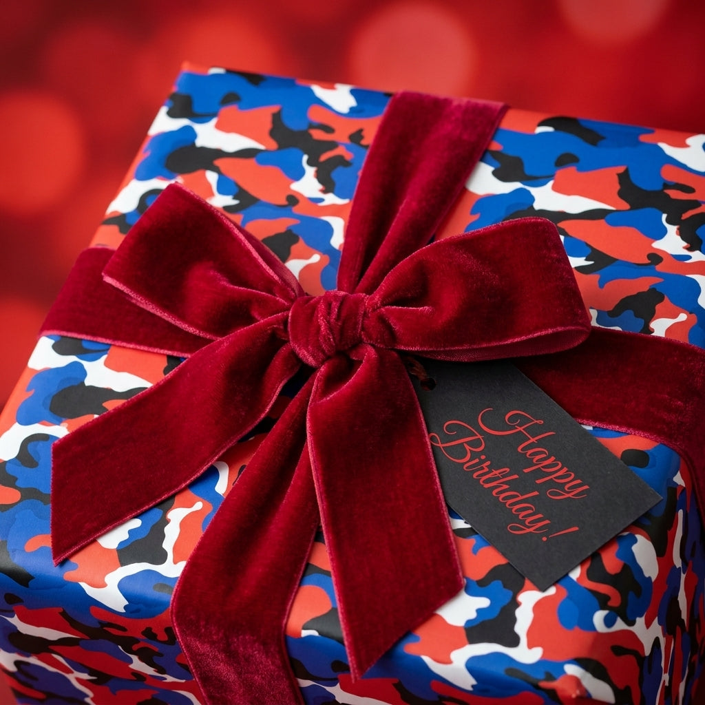 Red and blue camo birthday wrapping paper with a velvet bow and Happy Birthday tag from Wrapped Studios.