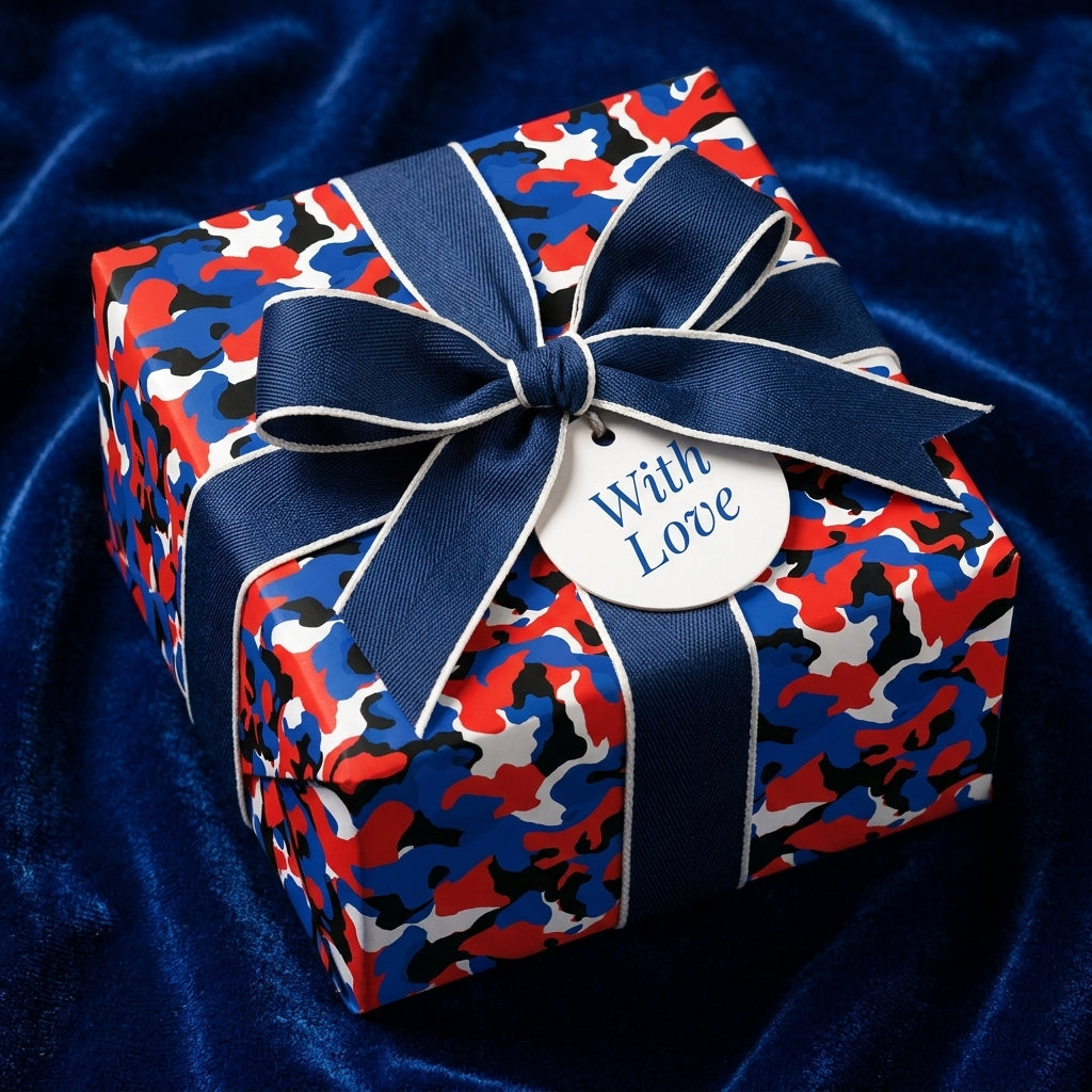 Red, white, and blue camouflage wrapping paper with a navy bow and gift tag, by Wrapped Studios.