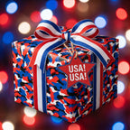 Patriotic wrapping paper in red, white, and blue camo with a striped bow and USA tag by Wrapped Studios.