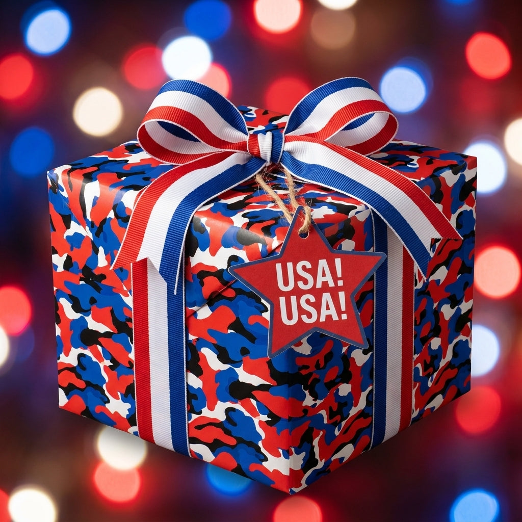 Patriotic wrapping paper in red, white, and blue camo with a striped bow and USA tag by Wrapped Studios.