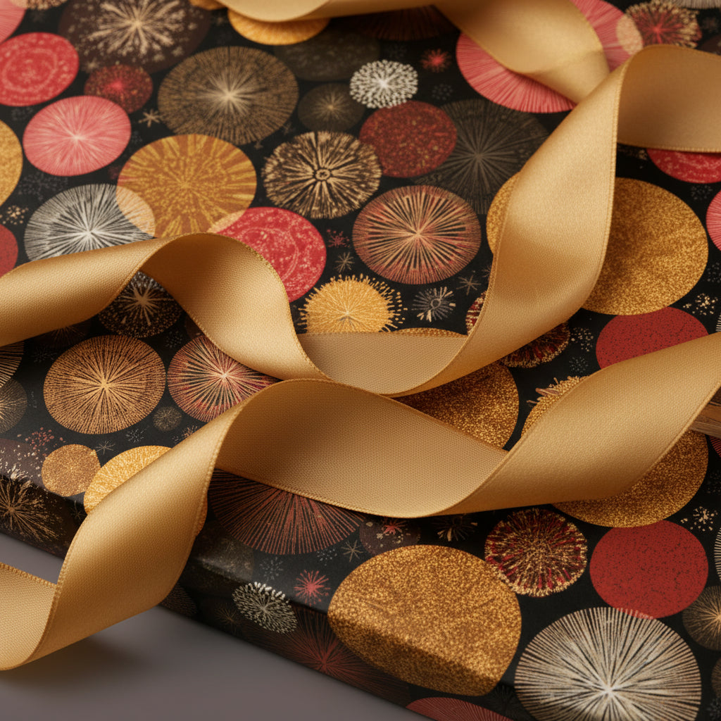 Elegant gift box wrapped in black wrapping paper with abstract floral designs and a gold ribbon.