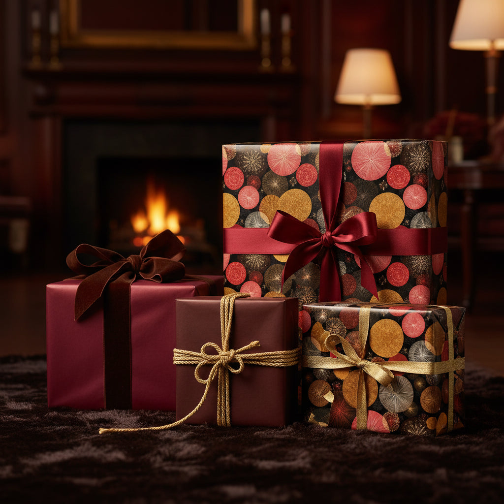 Elegant Christmas gift wrap with gold & red geometric patterns and luxurious velvet and gold cord ribbons.