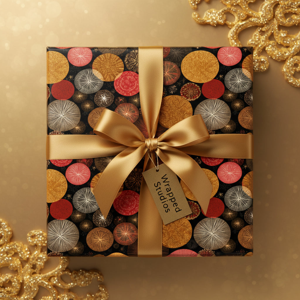 Elegant black wrapping paper with gold, red, and silver circle pattern and gold satin ribbon.
