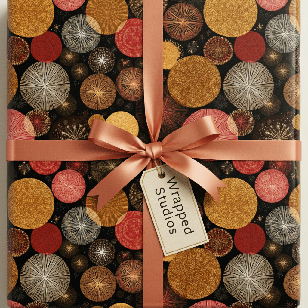Elegant gift wrapped in modern geometric wrapping paper with gold, red, and white circle patterns, tied with a peach satin ribbon.