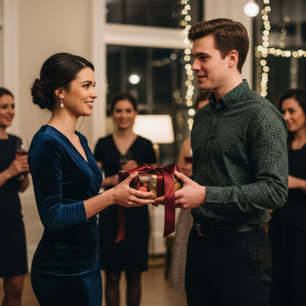 Woman receiving a gift box with colorful modern wrapping paper and burgundy ribbon at a party.