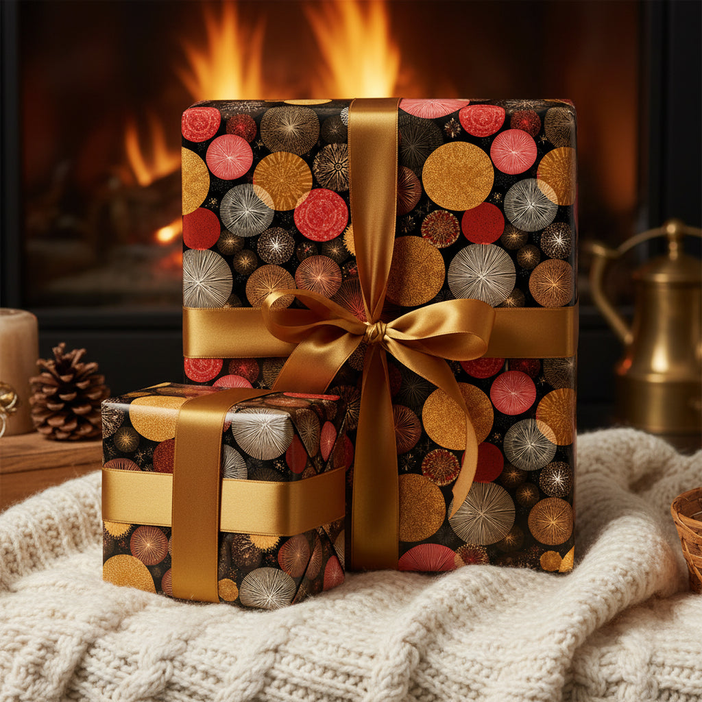 Elegant holiday gift wrap: presents wrapped in festive, circular-patterned paper with gold ribbon near a cozy fireplace.