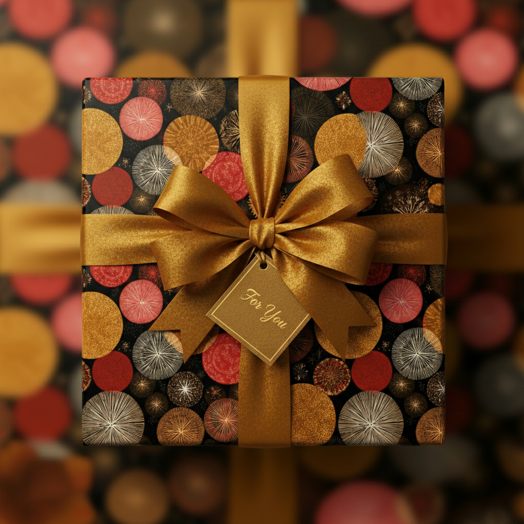 Square gift wrapped in modern floral wrapping paper with a gold satin ribbon and "For You" tag.