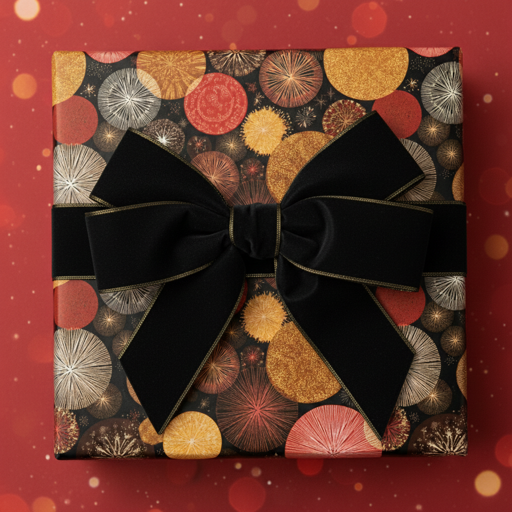 Festive gift wrapped in modern floral wrapping paper with a black velvet bow on a red background.