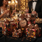 Elegant party scene with luxury gift wrap featuring metallic gold ribbons and a modern geometric circle pattern.