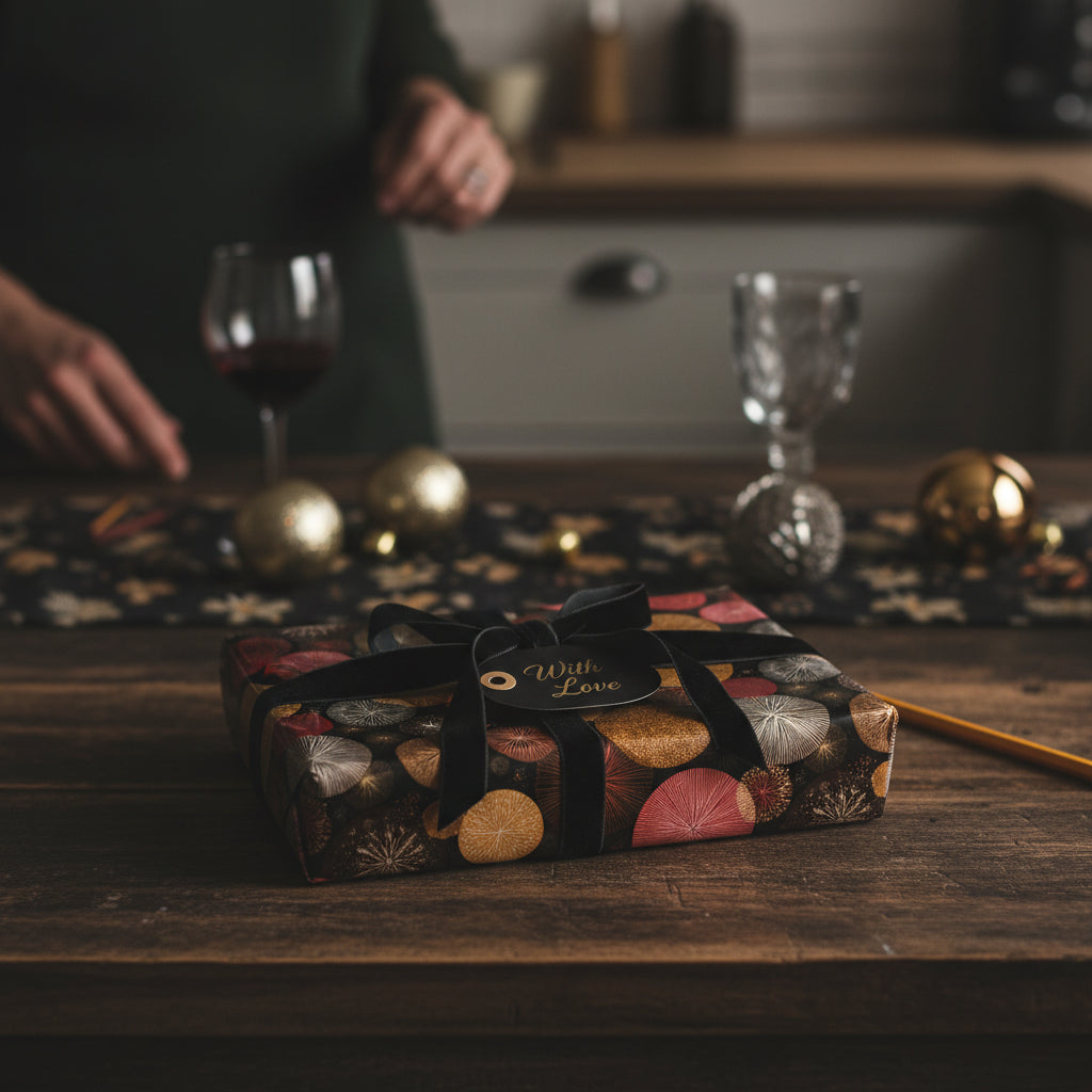 Elegant geometric wrapping paper on a gift with a black velvet ribbon and "With Love" tag for a special occasion.