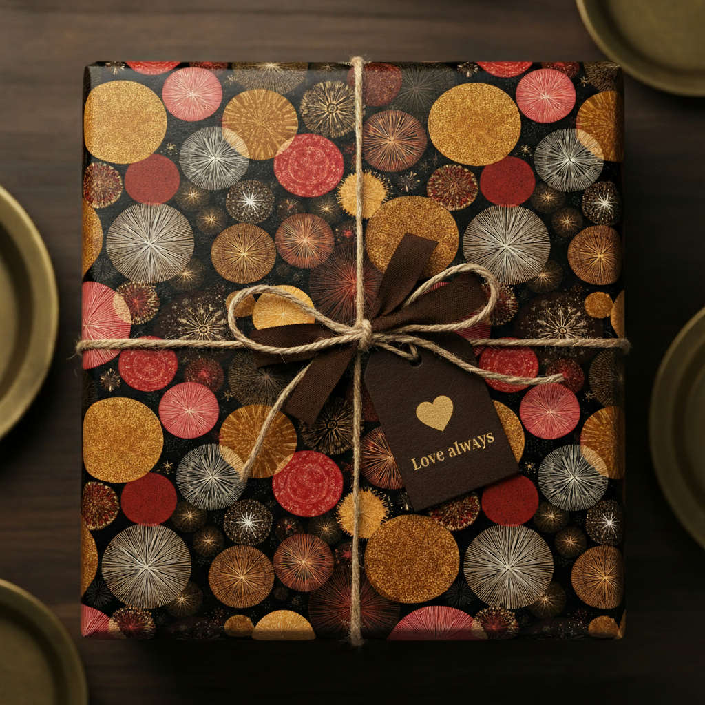 Square gift wrapped in stylish, dark wrapping paper with gold, red, and cream circular burst pattern, twine, and a "Love Always" tag.