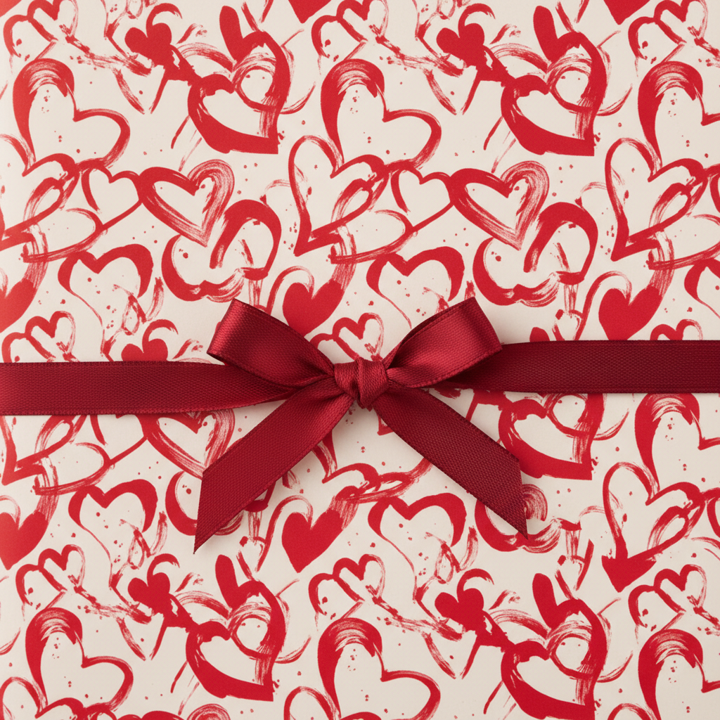 Red heart pattern wrapping paper with a burgundy satin bow, perfect for Valentine's Day or romantic gifts.