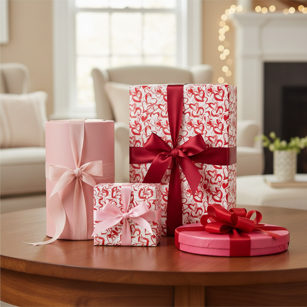 Valentine's Day gift wrapping paper with red and pink heart patterns, elegant satin ribbons, on a coffee table in a cozy living room.