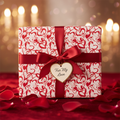 Romantic red heart pattern wrapping paper with a red satin ribbon, bow, and "For My Love" tag on a velvet table with rose petals.