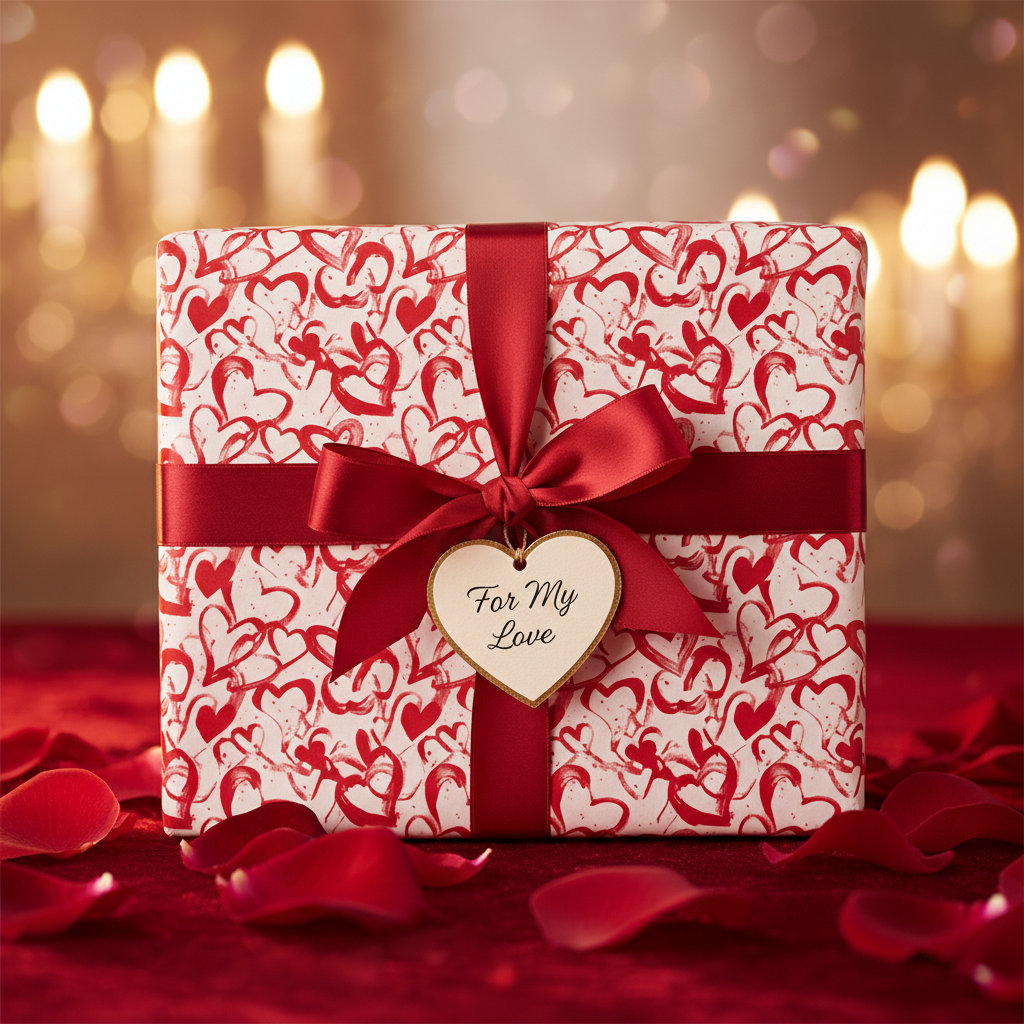 Romantic red heart pattern wrapping paper with a red satin ribbon, bow, and "For My Love" tag on a velvet table with rose petals.
