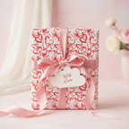 Red and white heart pattern wrapping paper with pink ribbon, tied in a bow with a "With Love" gift tag, perfect for Valentine's Day.