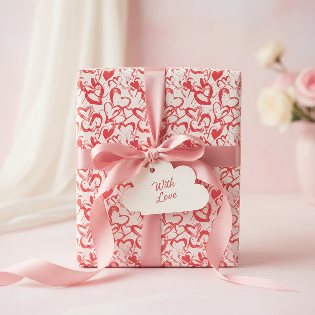 Red and white heart pattern wrapping paper with pink ribbon, tied in a bow with a "With Love" gift tag, perfect for Valentine's Day.