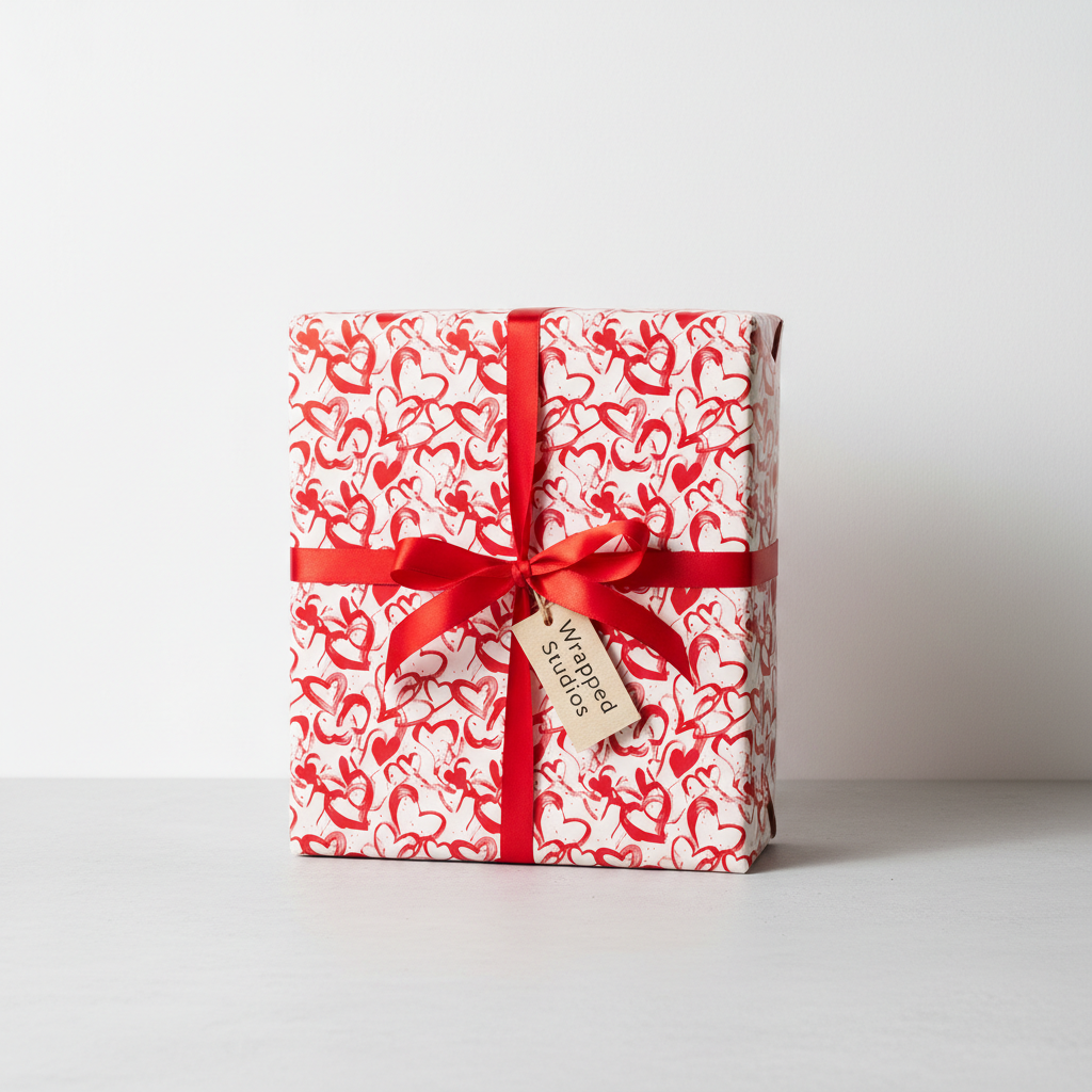 Romantic red heart pattern wrapping paper with a classic red satin ribbon and brown gift tag, perfect for Valentine's Day or anniversary gifts.