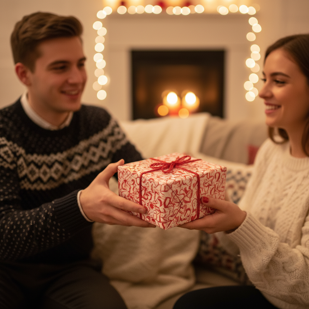 Cozy Christmas gift exchange with a man giving a woman a present wrapped in red and white festive wrapping paper with a red ribbon.
