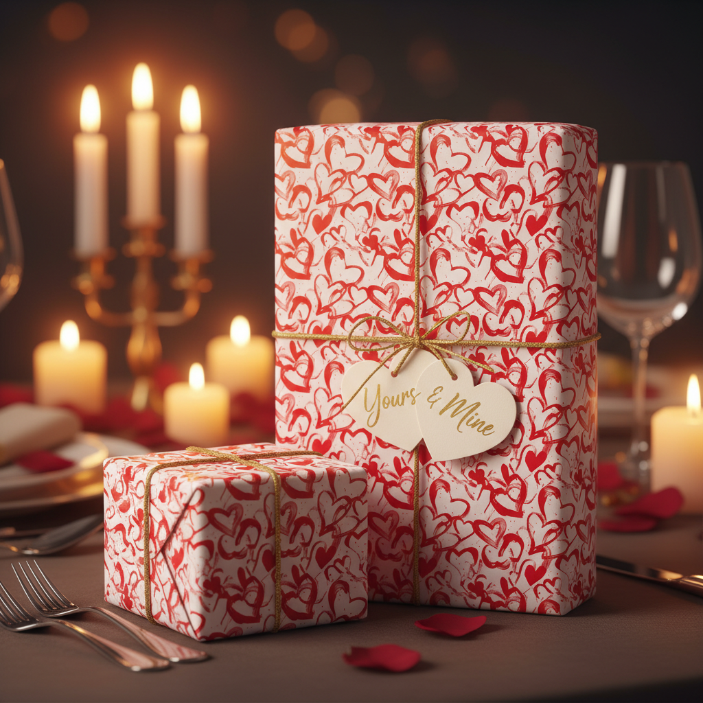 Romantic Valentine's Day gift wrap with red hearts and gold twine on a candlelit dinner table with rose petals.