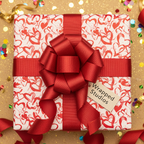 Romantic white wrapping paper with red watercolor hearts and a satin red bow, perfect for Valentine's Day or anniversary gifts.