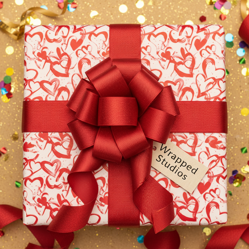 Romantic white wrapping paper with red watercolor hearts and a satin red bow, perfect for Valentine's Day or anniversary gifts.